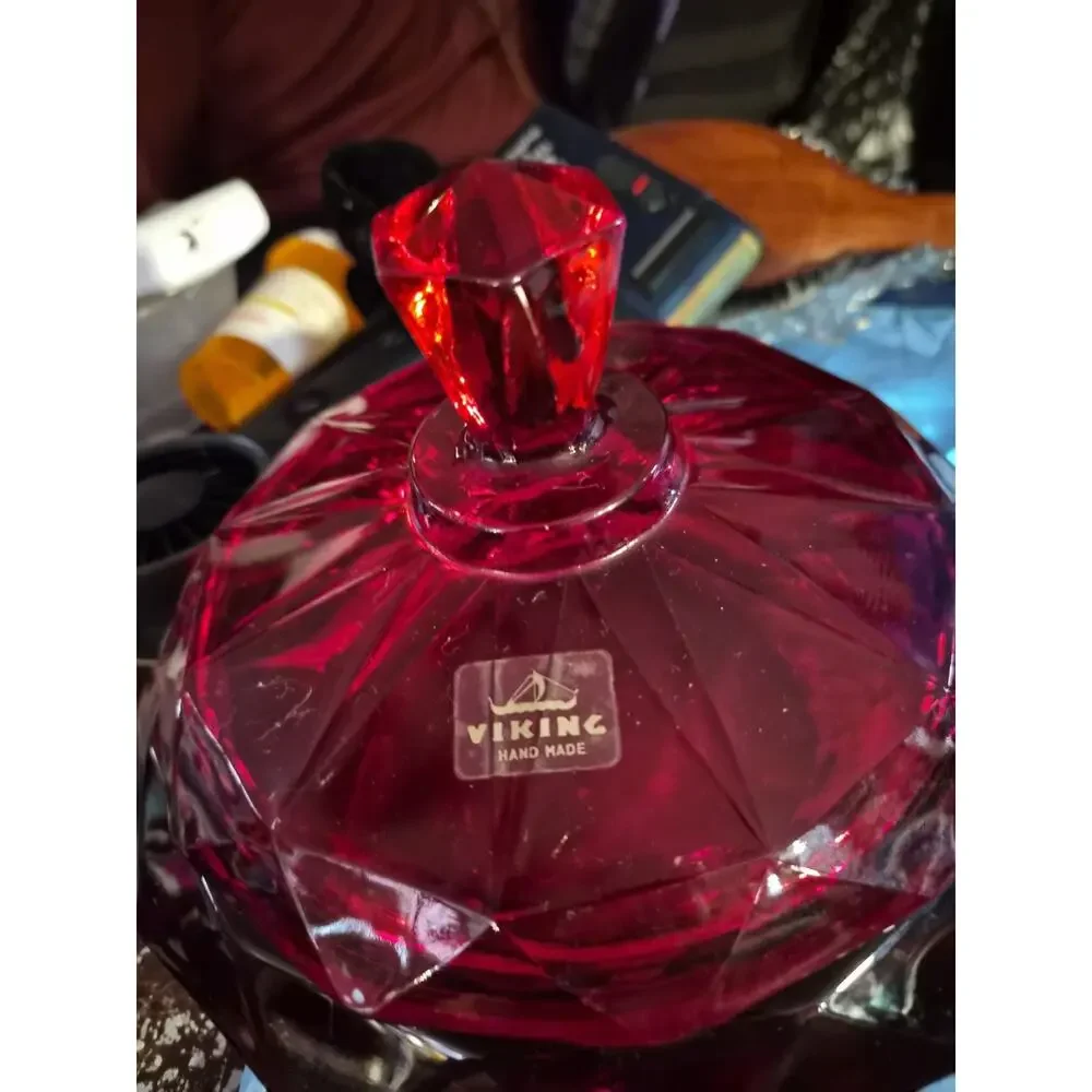 Vintage Viking Art Glass Candy Dish In Ruby Red Has An Diamond Point...